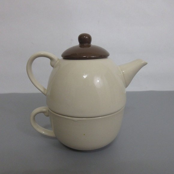 Stoneware Tea for One 3 pc Stackable Set with Teapot & Cup Cream w/Brown Lid - Picture 8 of 13